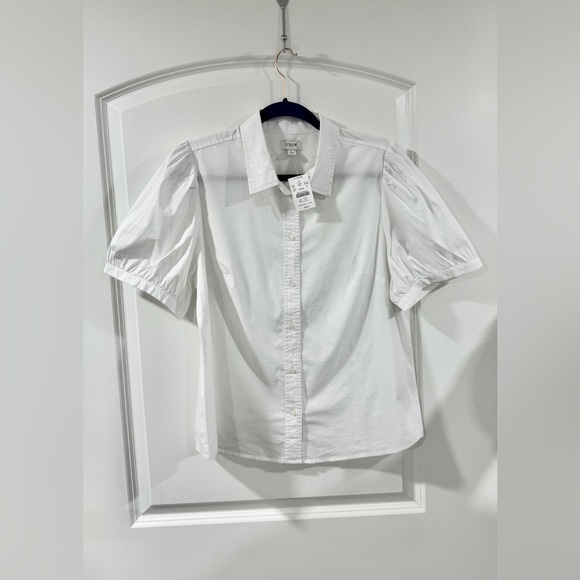 J.Crew Factory Puff Sleeve Button-Down Shirt Women L White Collared Cotton Blend - Picture 3 of 10